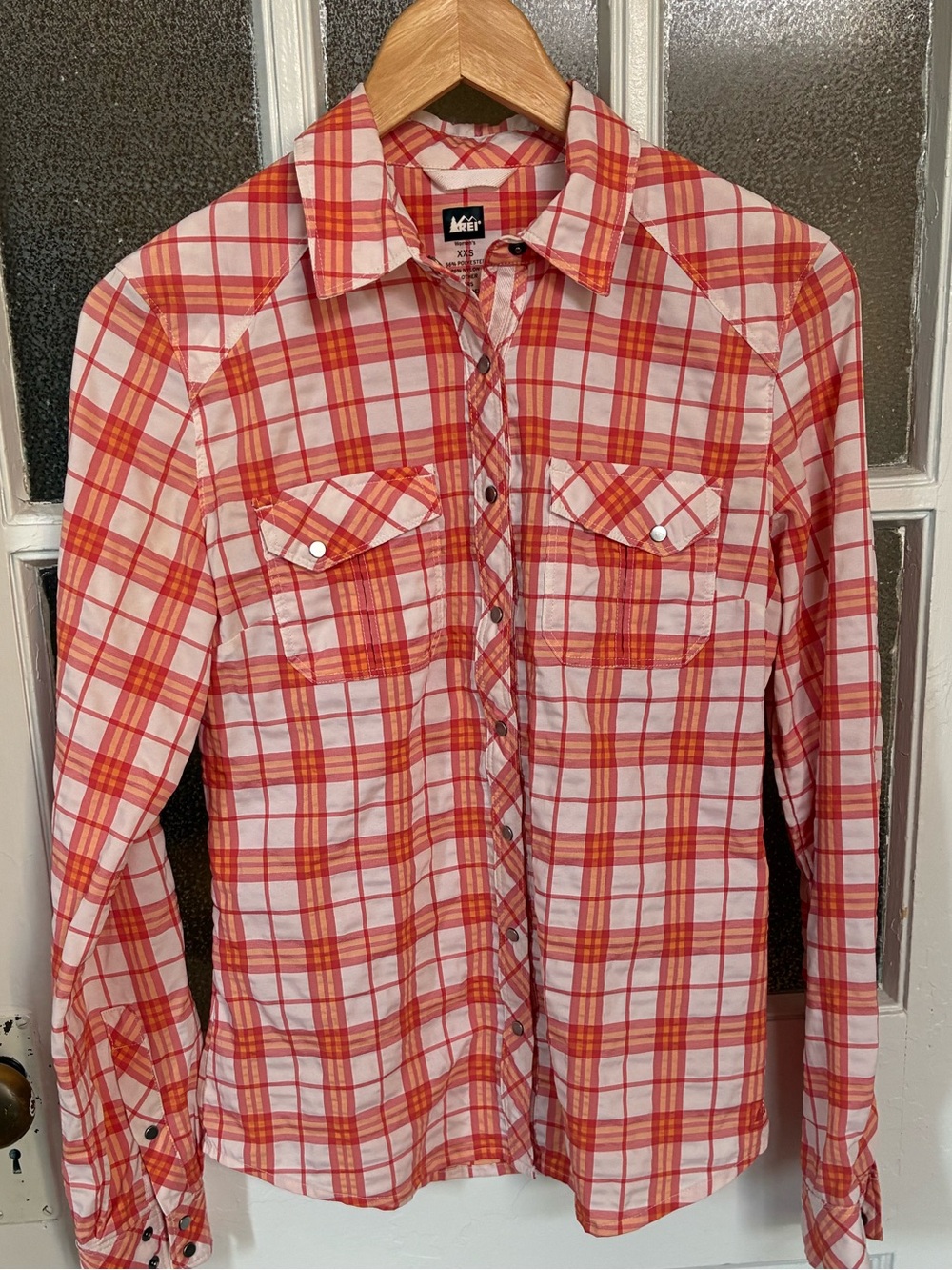 REI Women’s Plaid Snap Front Hiking Shirt Pink Orange XXS